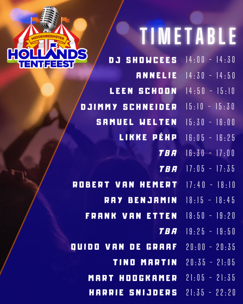 Timetable Hollands Tentfeest Middenbeemster 29 juni 2025